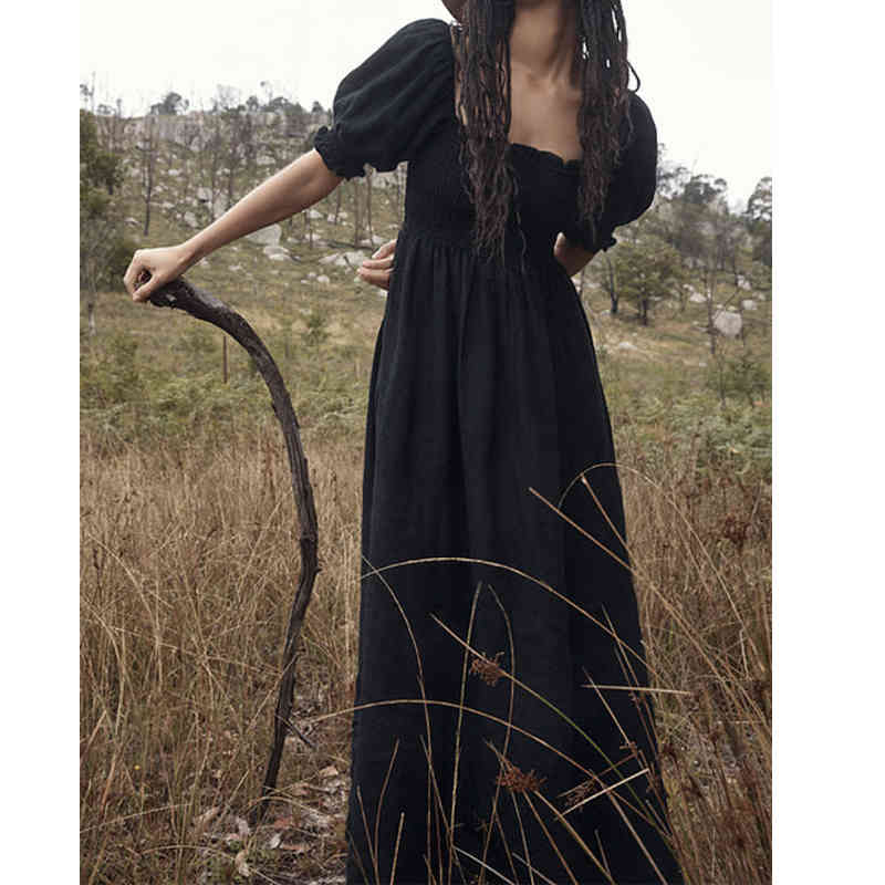 Summer Women Vintage Black Flowy Long Dress Sexy Square Neck Puff Sleeve Holiday Party Dresses Female Chic Vestido 210430