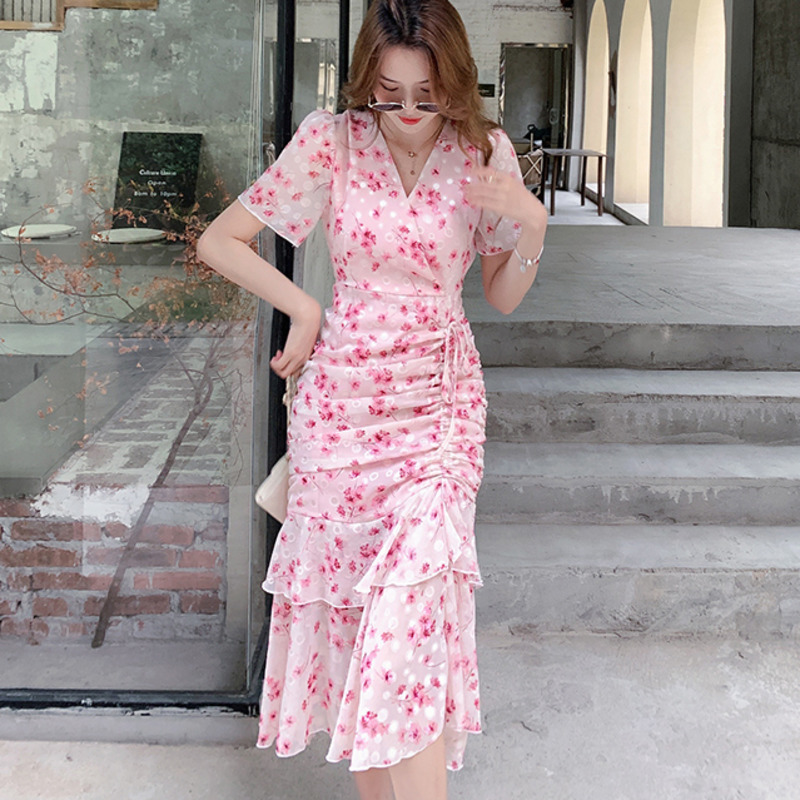 Summer Short Sleeve Wrap Mini Dress Floral Print Dresses Lace-up Waist Pink Sundress For Holiday Vestidos 210515