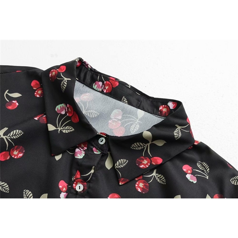 Vintage Women Cherries Print Shirts Fashion Ladies Turn Down Collar Tops Streetwear Female Chic Ruffles Blouses 210430