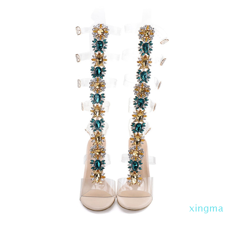 Summer Woman Sandals Rhinestone Lady Knee High Sandal Boots Thin High Heels Stiletto Crystal Dress Shoes Bohemia Style