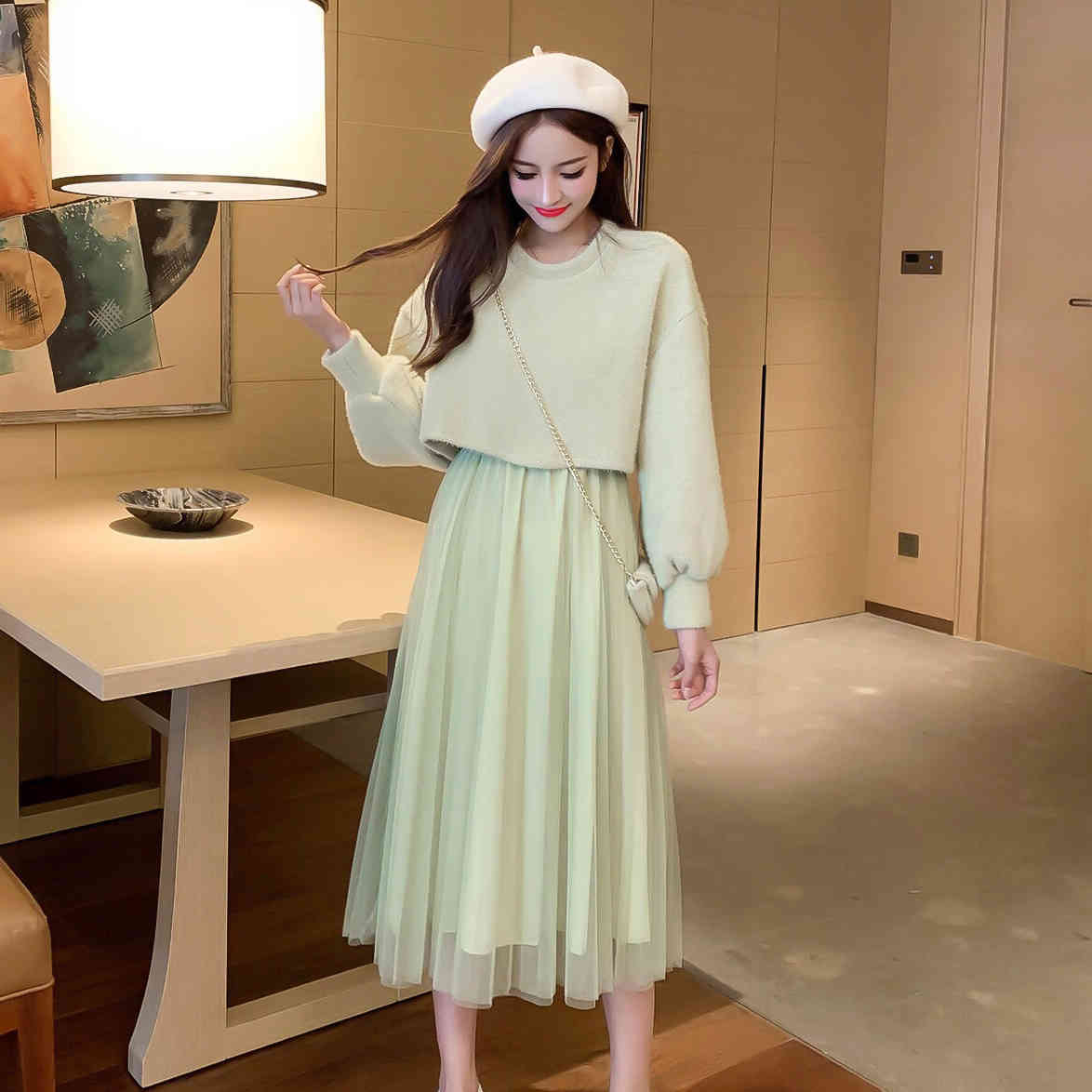 Spring Female O-neck Lantern Sleeve Knit Blouses + Strap Fairy Mesh A-line Dress With Bag Two-piece Sets Women Suits 210515