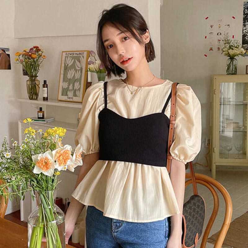 Korejpaa Women Blouses Summer Korean Round Collar Micro-bubble Bubble Sleeve Shirt and Simple Sling Knitted Vest Suit Top 210526