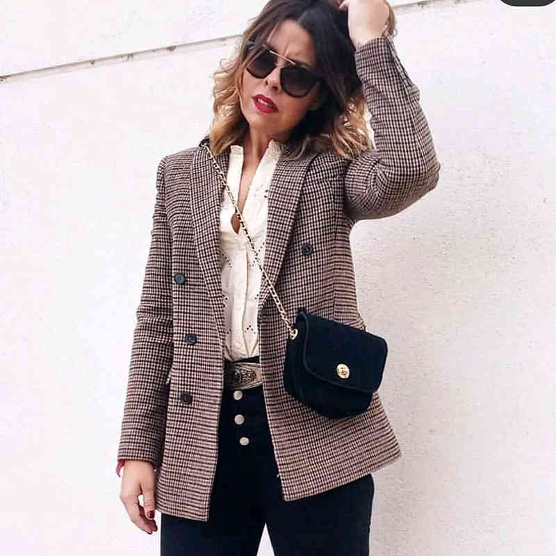 elegant women plaid brwon blazer jackets fashion ladies chic long suits casual female streetwear girls vintage 210430