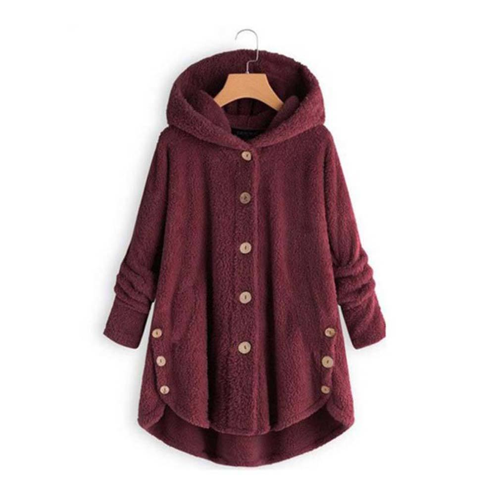 Thin Wool Blend Fashion Women Button Coat Fluffy Turn-down Collar Outwear Jacket Casual Tops Hooded Pullover Loose Sweater 210428