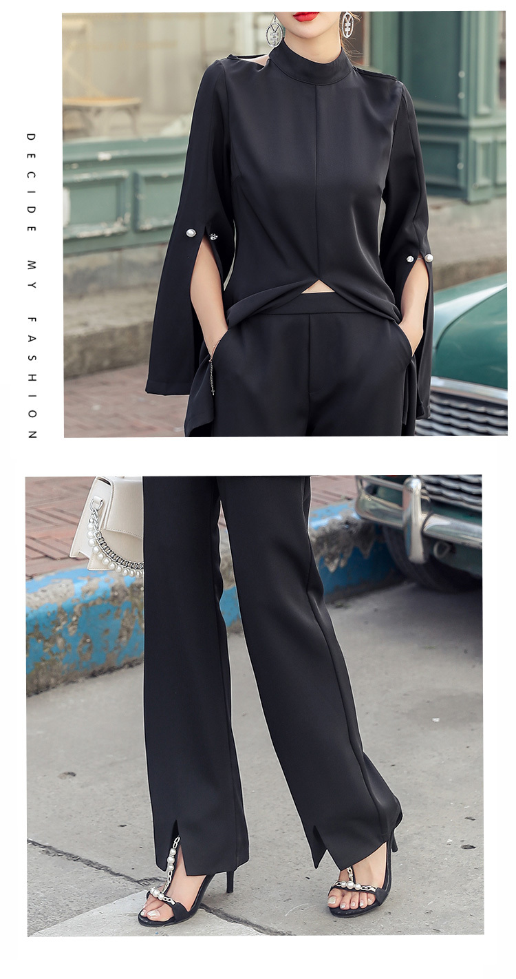 Fall Women Black 2 Piece Set Sexy Blouse + Higt Wiast Wide Leg Pants Suit Korean Style Slim temperament Office Lady 210506