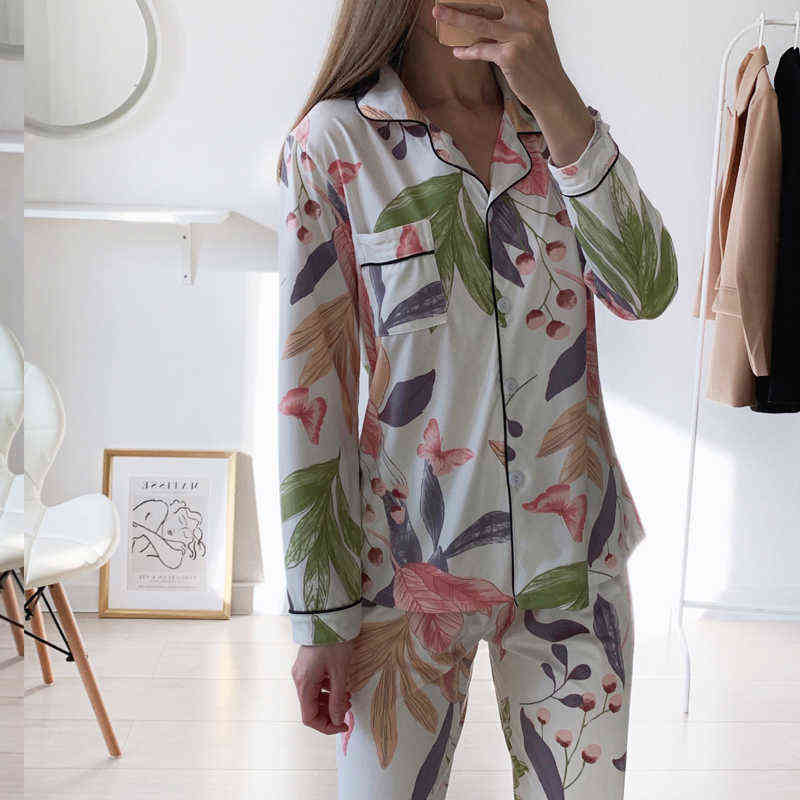 Women's Two-piece Home Suit for Spring and Summer Long-sleeved Cotton Pants Pajamas Print Full sleep tops Woman Pijama Set 211118