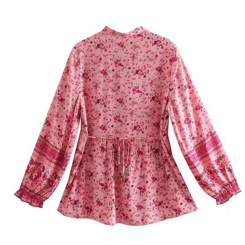 BOHO Bandage Open buttons V neck Floral Print Shirt Hippie Women Tie Bow Lacing up Waist Long Sleeve Blouse Holiday Tops Beach 210429