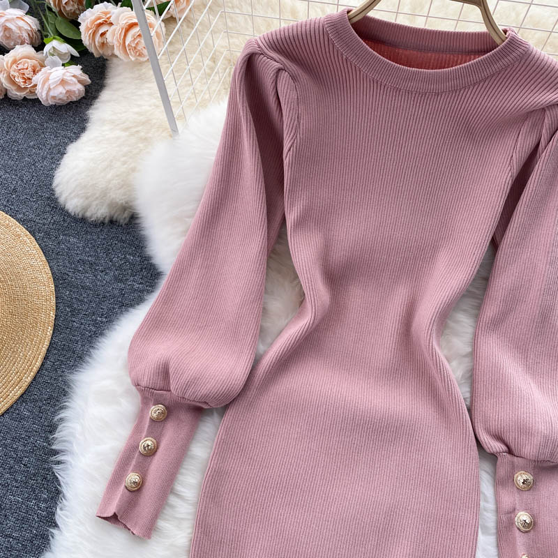 New design womens autumn puff long sleeve o-neck knitted solid color knee length sweater dress bodycon tunic pencil dress