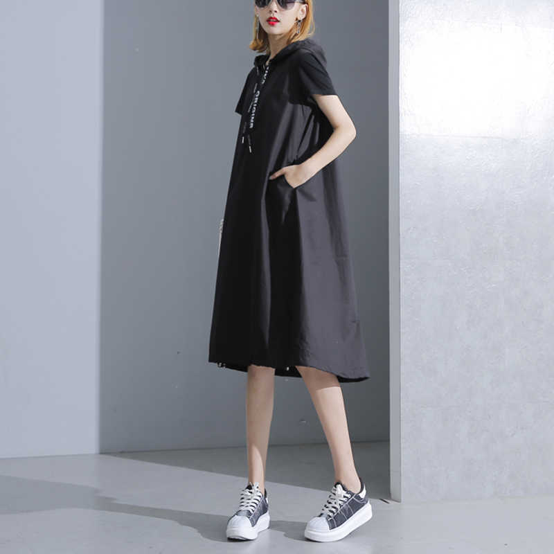 XITAO Hoodie Black Midi Dress Women Short Sleeve Plus Size Elegant Womens Clothing Pullover A Line Party Dress KY428 210630