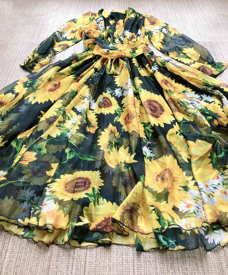 summer maxi dress sun flower printed chiffon loose plus size long party lacr up bow collar beach es vestidos 210421