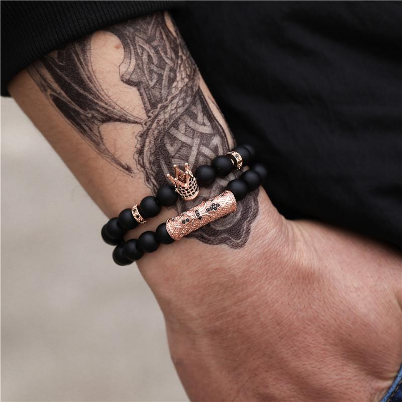 Charm Bracelets 2021 2pcs/set CZ Crown Bracelet Men Braclet Kinds Black Matte Stone Bead For Mens Hand Jewelry