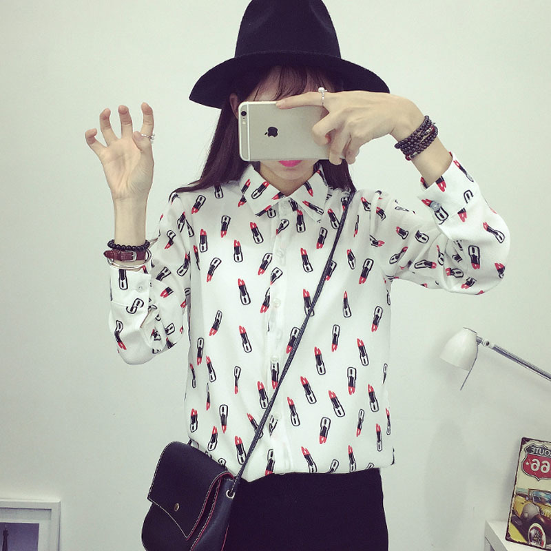Korean Version Slim Long-sleeved Lipstick Printed Chiffon Shirt Autumn Simple Wild Elegant Women's Shirt White Black Female Tops 210507