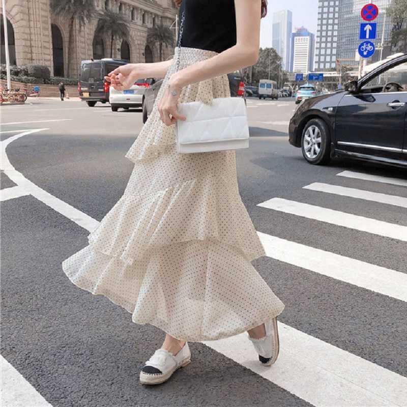 Summer Women's Long Skirt Ruffle Polka Dot Irregular High Waist Female A-line Skirts Korean Japan Kawaii Bohemian Lady 210619