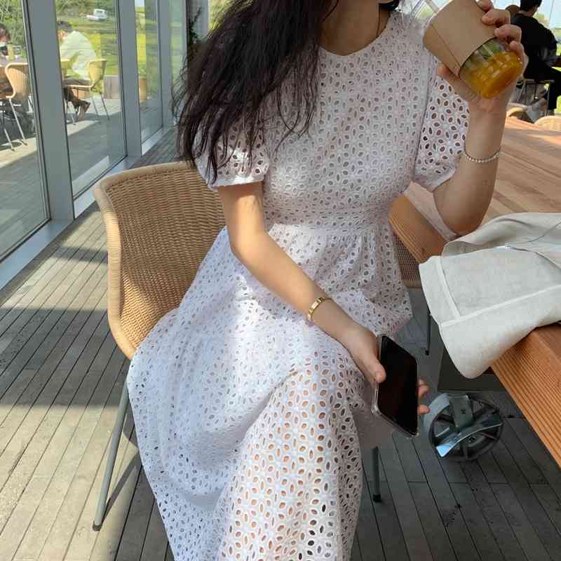 Sexy Office Chic Summer Dress Women O Neck Embroidery Hollow Out High Waist Long Vestidos Female Fashion Clothes 210520