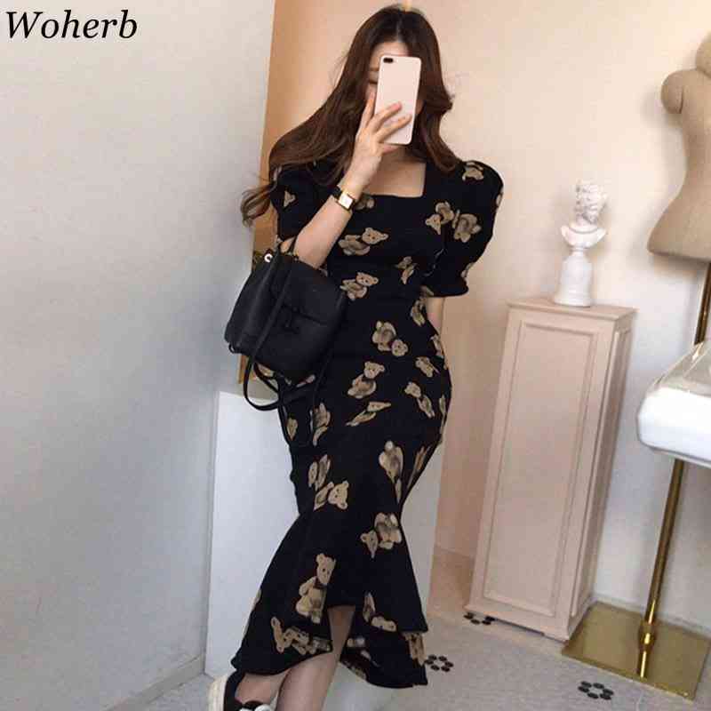 Chic Elegant Maxi Dress Woman Square Collar Print Cartoon Bear Vestidos Sweet Puff Sleeve Lace Up Slim Dresses Women 210519