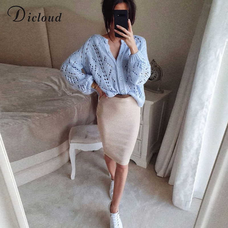 DICLOUD Blue Hollow Out Women's Cardigans Autumn Winter Round Neck Button Up Knitted Sweaters Ladies Fashion Knitwear 210928