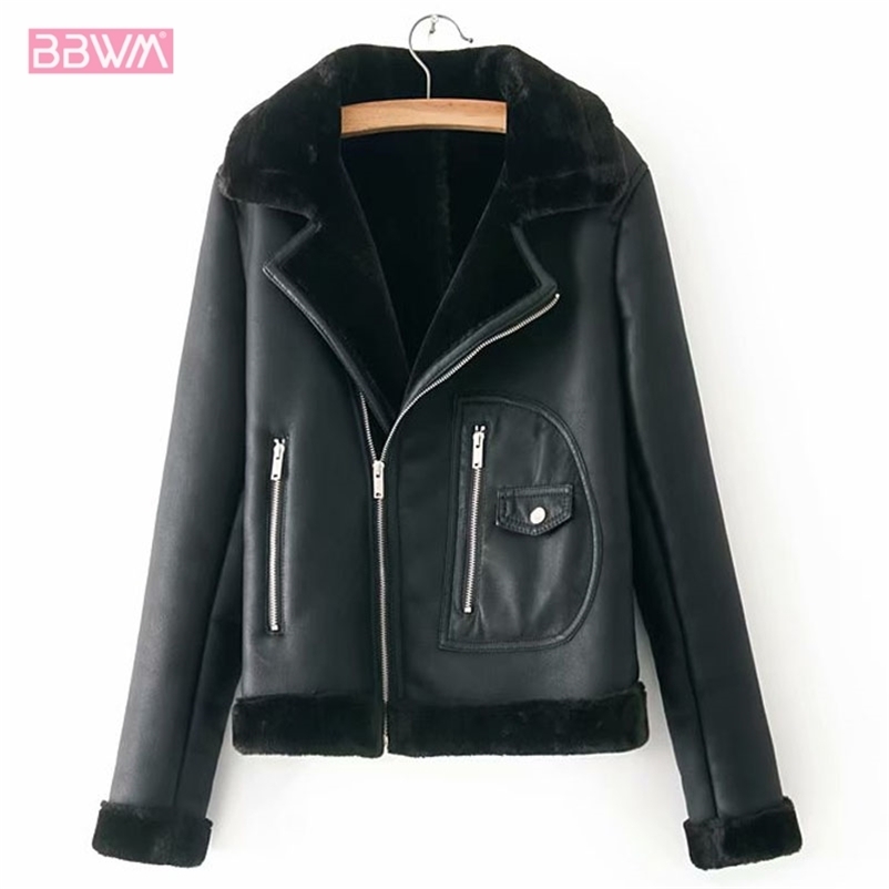 PU Warm Fur Long Sleeve Lapel Thickening Motorcycle Women's Jacket Winter Belt Chic Zipper Black Female Coat Green Tops 210507