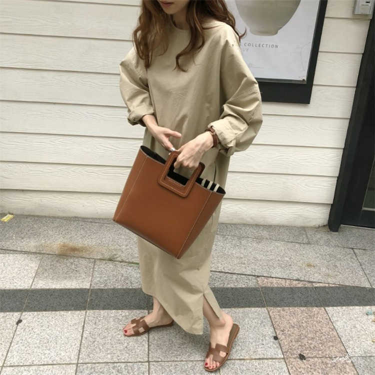 Retro Simple Solid Loose O Neck Hem Split Long Lace-up Slim Dress for Women 210615Z