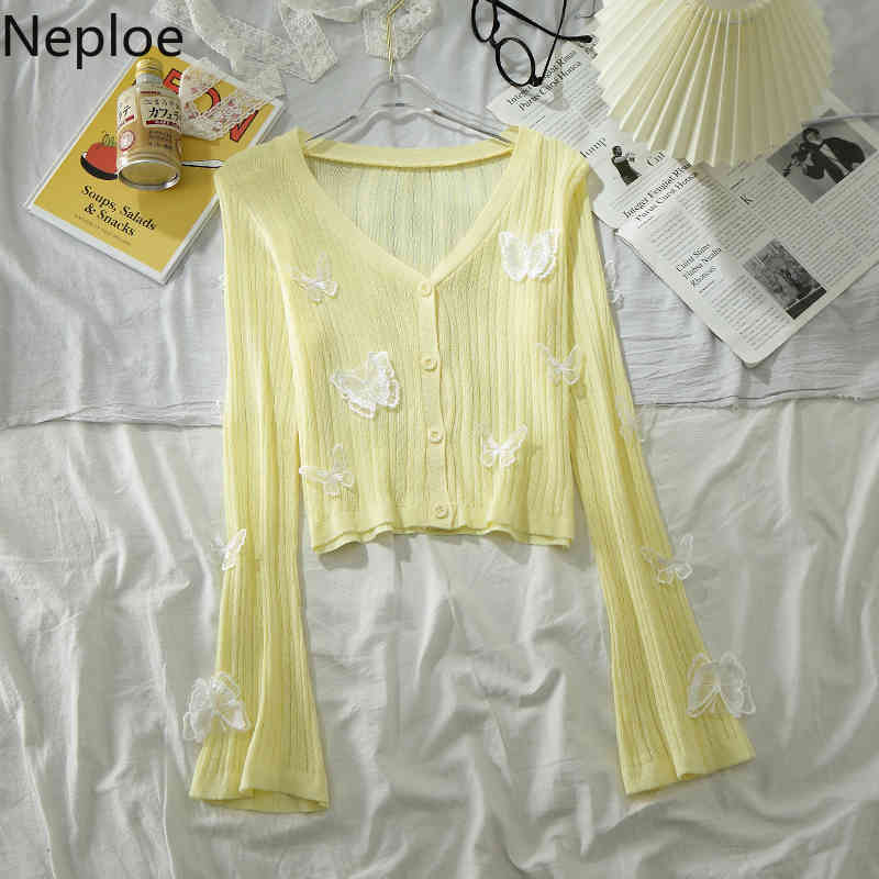 Neploe Knitted Thin Sweater Women Korean 3D Butterfly V-neck Flared Sleeve Cardigan Sun Protection Slim Fit Cropped Tops 4I613 210422