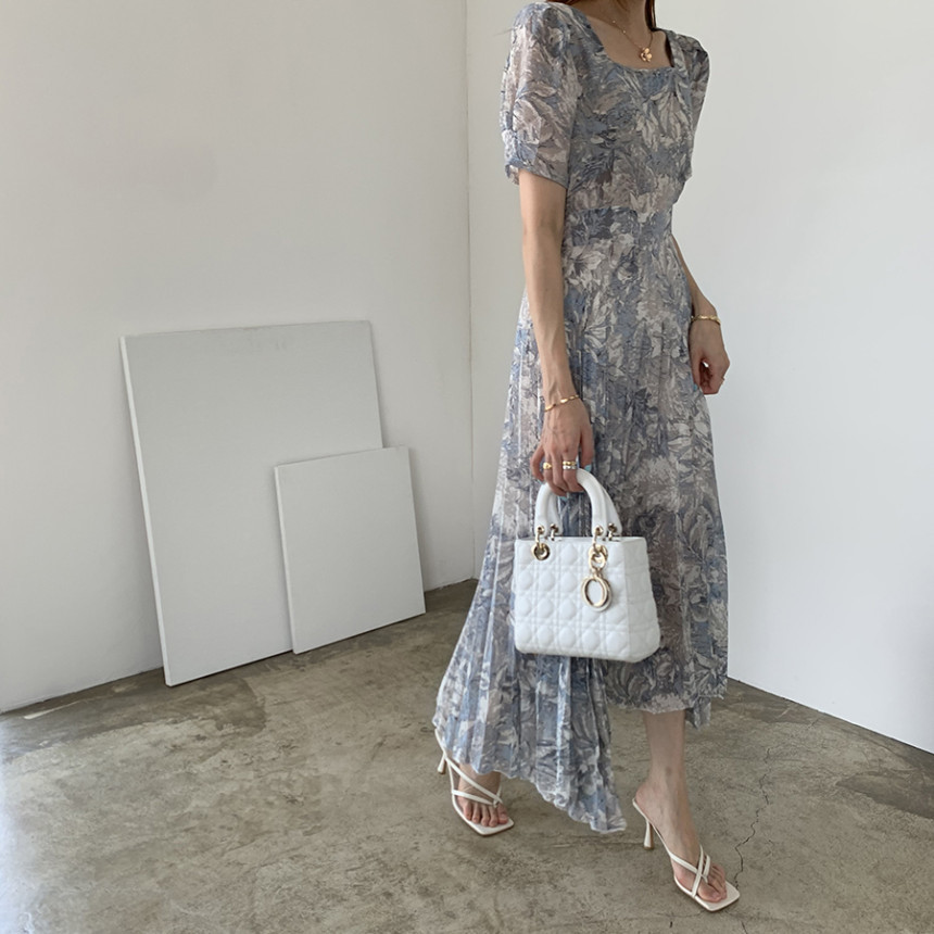 Summer Fashion Printed Korean Chiffon Long Dress Women Short Sleeve Square Collar Belted Pleated Elegant Dresses Femme 210519