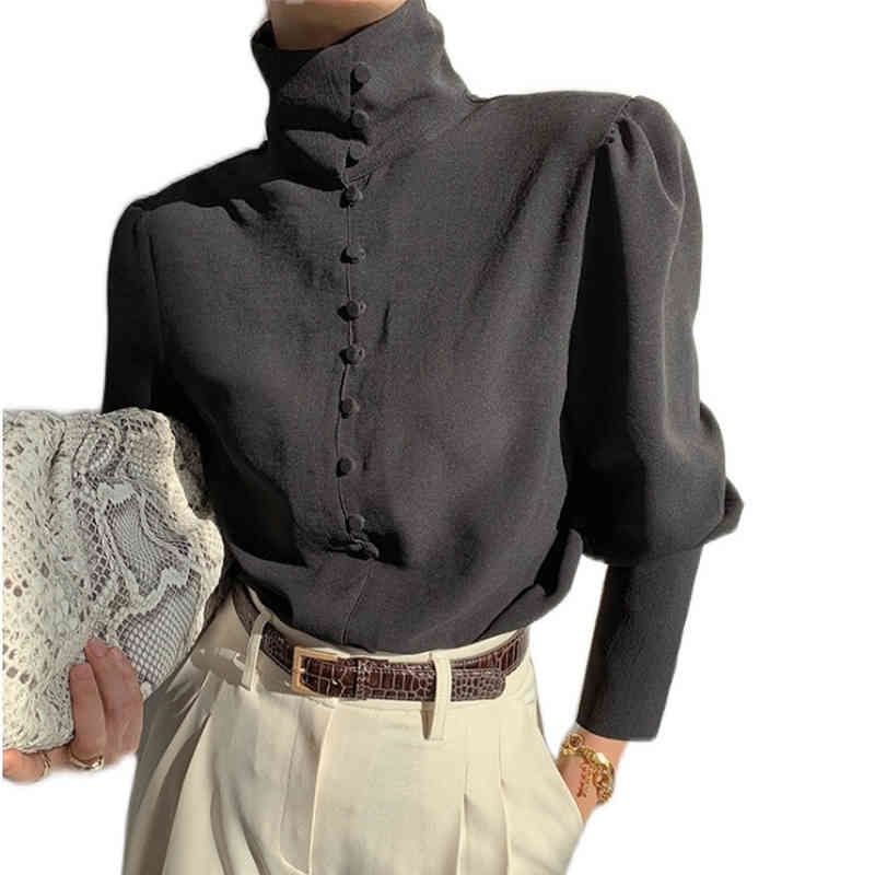 Turtleneck Lantern Sleeve Shirts for Women Elegant Black Blouse Office Lady Fashion Button Solid Female Clothing 12882 210506