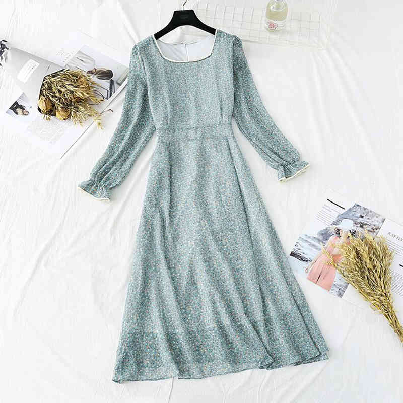 Chiffon Dress Women Spring Vintage Korean Fashion Floral Long Sleeve Dress Casual High Waist Ruffled Long Dress Vestidos 210521
