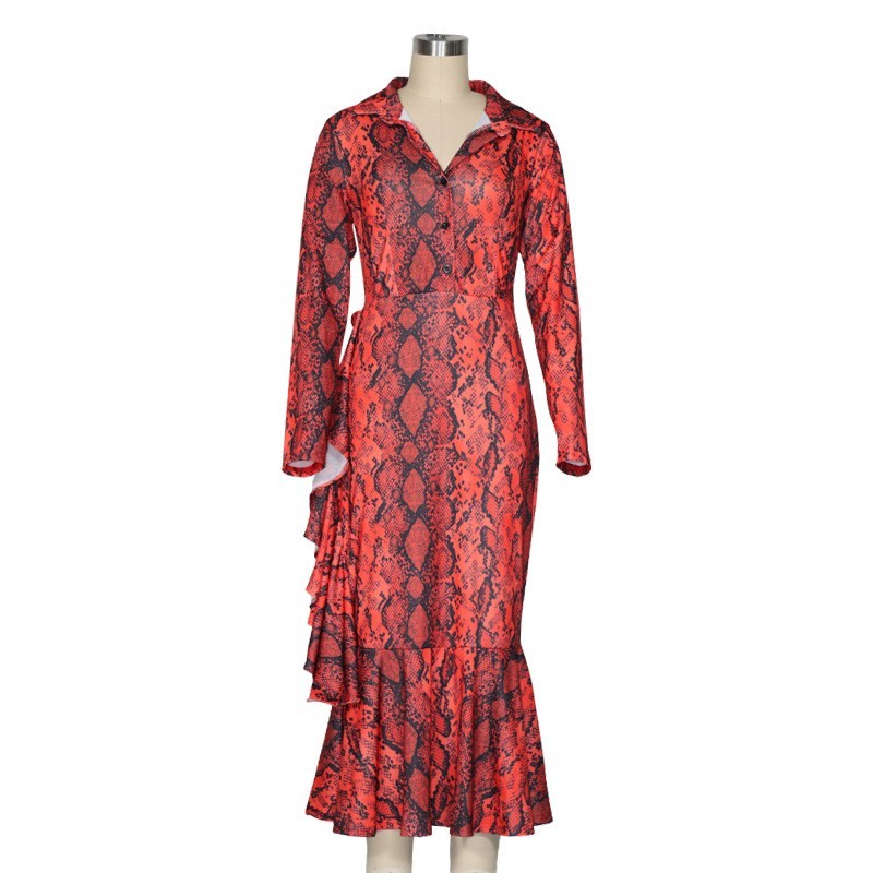 Women Dress Leopard Print Mermaid Vintage Long Sleeve Ruffles Maxi es Fashion Plus Size es 210513