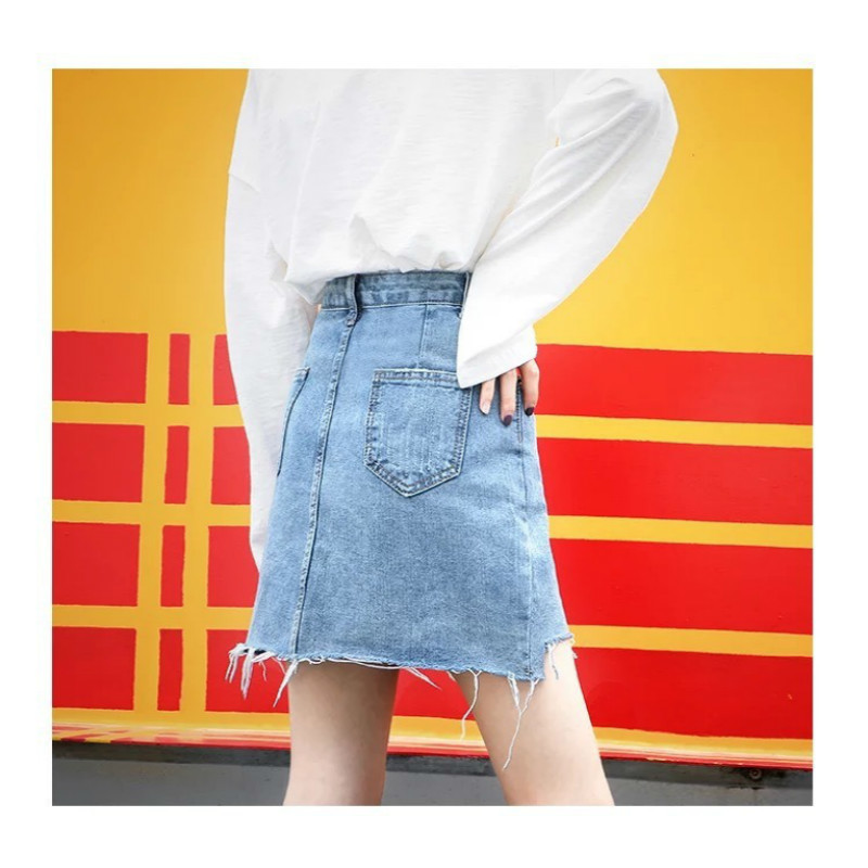 Denim Skirt High Waist Korean Style Street Pockets Button Mini Women's Fashion Plus Size Cotton Jeans 210428