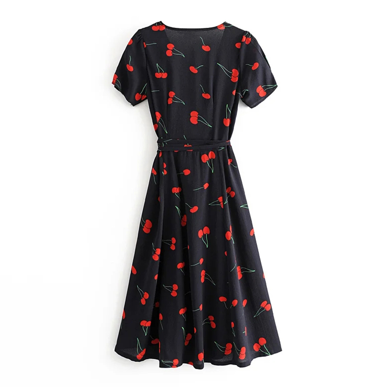 Vintage Cherry Print Dress Women Deep V Neck Sexy High Split Wrap Summer Short Sleeve Boho Casual Midi es 210515