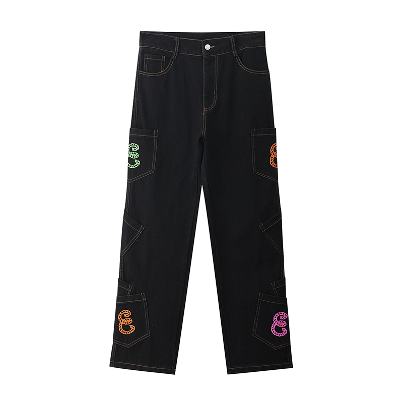 Letter Print Straight Cargo Pants for Men Oversize Jeans Trousers Streetwear Casual Denim Pants with Pockets