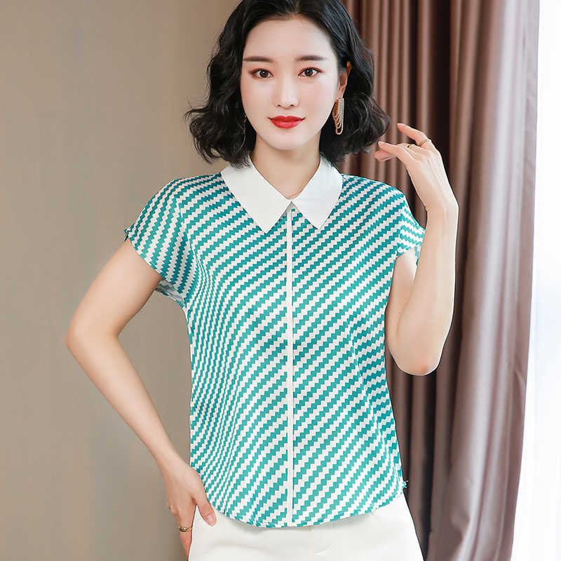 Korean Silk Women Blouses Shirt Woman Plaid Lady Satin Tops Plus Size Print Blusas Mujer De Moda 210531