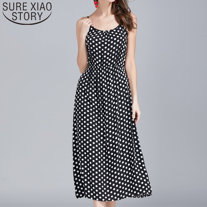 Fashion women dresses summer ladies black dot Sleeveless A-Line Sexy chiffon elegant Empire 3826 50 210510