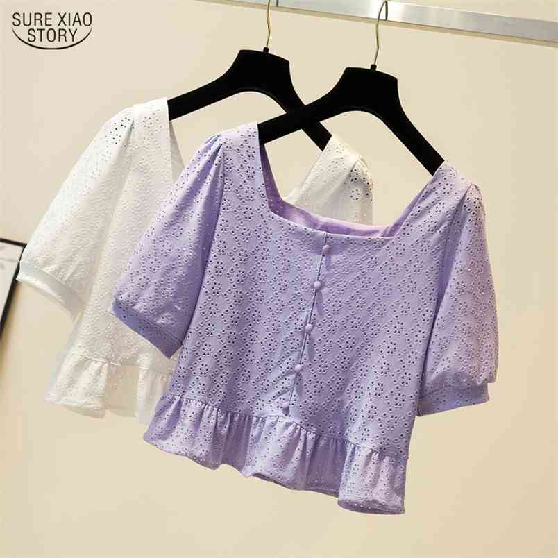 Solid Plus Size Short Sleeve Chiffon Blouses Women Elegant White Shirts Blusas Mujer De Moda Loose Hollow Out Tops 10246 210506