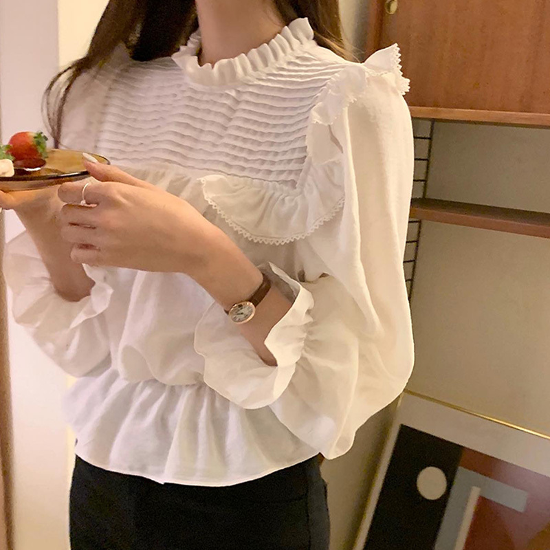 Nomikuma Sweet Stand Neck Women Blouse Korean Ruffle Patchwork Shirt Spring New Flare Long Sleeve Causal Blusas Mujer 6D770 210427