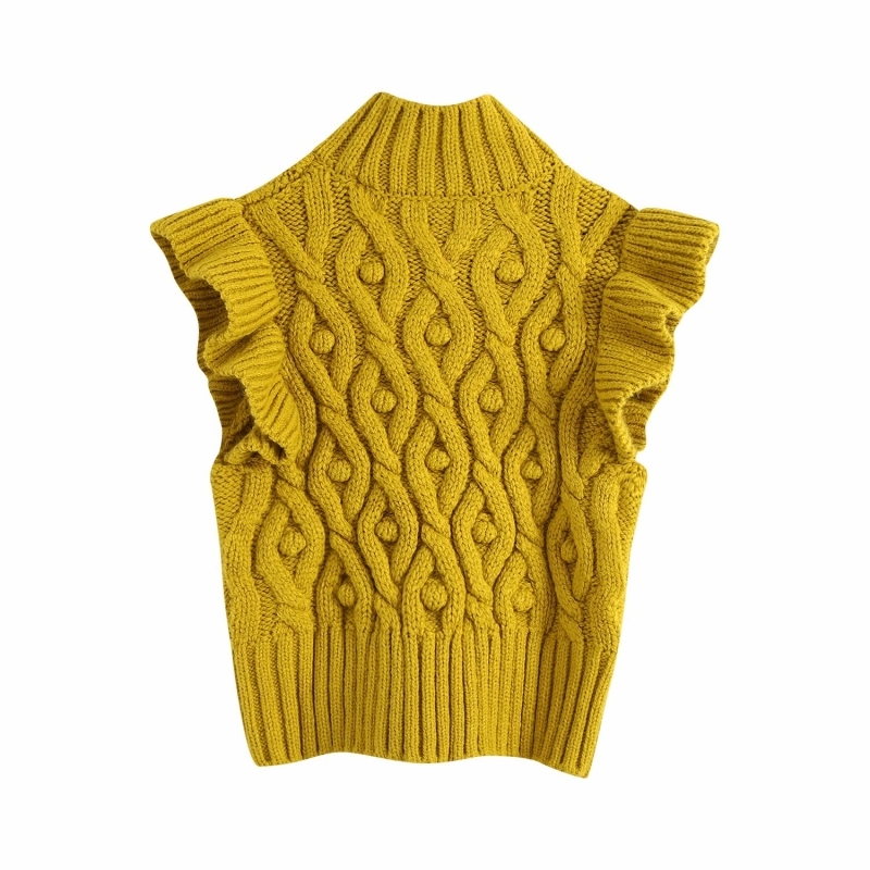 Fashion Women Ruffles Sleeve Waistcoats Autumn Yellow Mock Neck Ladies Weskit Casual Female Vest Slim Girls Knits 210430