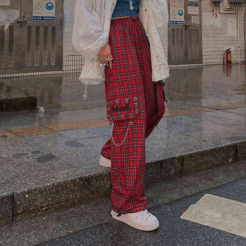 HOUZHOU Punk Cargo Plaid Pants Women Gothic Harajuku Red Checkered Wide Leg Trousers For Female Autumn Streetwear Hippie Fashion 211115