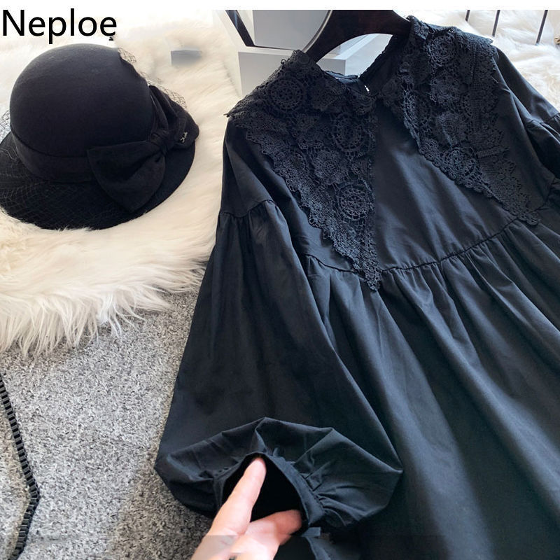 Neploe Plus Size Blouse Women Blusas Mujer De Moda Crochet Lace Shirt Lantern Sleeve Loose Blouses Japanese Black Long Tops 210422