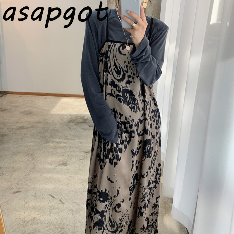 Korean Chic Autumn Retro Halo Dye Printed Spaghetti Strap Dress Loose O Neck Tshirts Women Solid Cotton Top Long Sleeve 210429