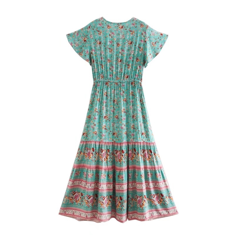 3 COLORS BOHO Buttons V neck Floral print Bohemia Dress Summer Ethnic Woman Short Sleeve Tie Bow Strappy Maxi Long Dresses 210429