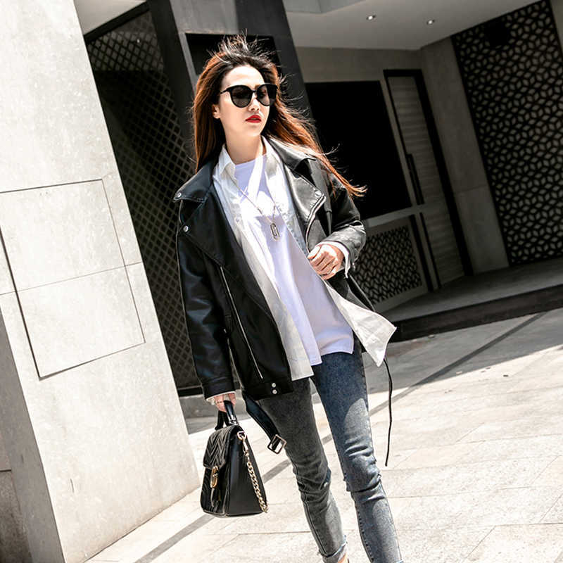 LY VAREY LIN PU Faux Leather Jackets Women Autumn Turn Down Collar Adjustable Belt Zippers Slim Moto Biker Streetwear 210526