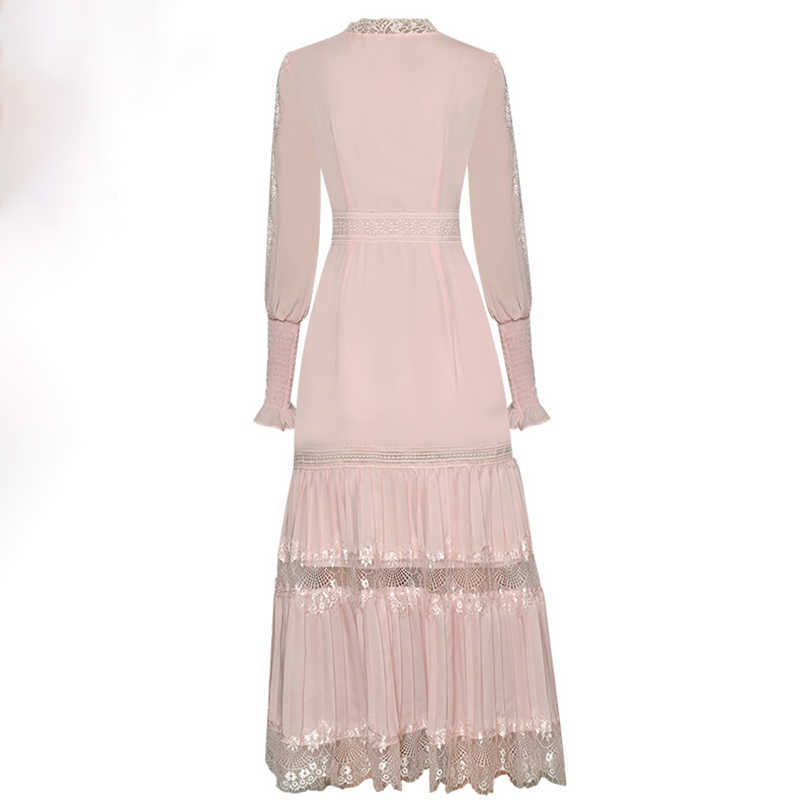 Black Patchwork Lace Dress For Women V Neck Lantern Long Sleeve High Waist Pleated Midi Dresses Female Fashion 210531