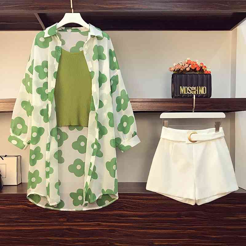 Plus Size L-4XL 3 Piece Set Women Flower Printing Chiffon Sunscreen Long Shirt + Solid Vest +High waist Metal Ring Shorts Suits 210707
