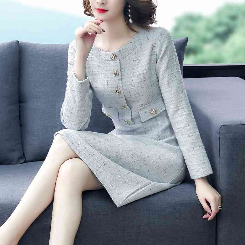 Fashion Tweed Dress Robe Women Clothing Autumn And Winter Elegant Diamond Button Party Vestido Da Festa 210520