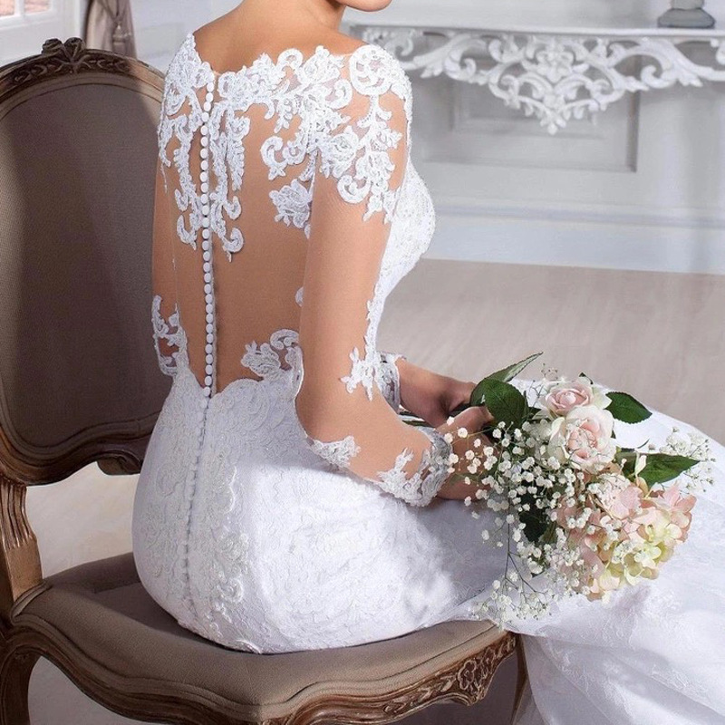 Elegant Wedding Dress With V Neck Appliqued Lace Long Sleeves Bridal Gown Custom Made Satin Plus Size Robes De Marie