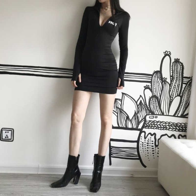 Korea Slim Long Sleeve Sports Mini Dress Zipper Stand Collar Low Bust Sexy Korean For Women Letter Dresses 0VT 210603
