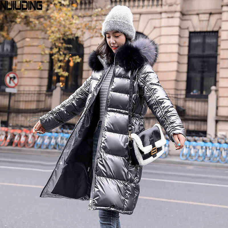 down jacket female winter Korean version of the loose bright waist was thin over knee long cotton coat 210514