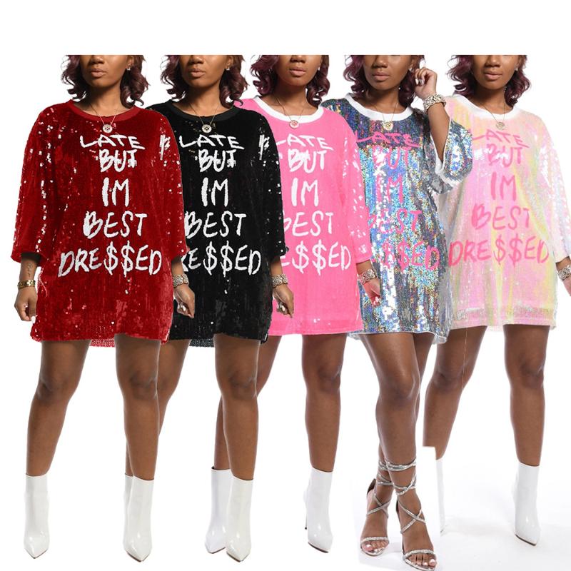 Casual Dresses Women Sequined Letter Print O-Neck Natural Loose Long Sleeve Autumn Stylish 2021 Solid Color Plus Size Female Clothing