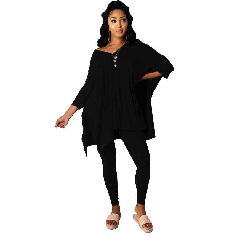 Designers Women Clothes pants 2023 autumn and winter solid color slotted V-neck bat sleeve two piece set