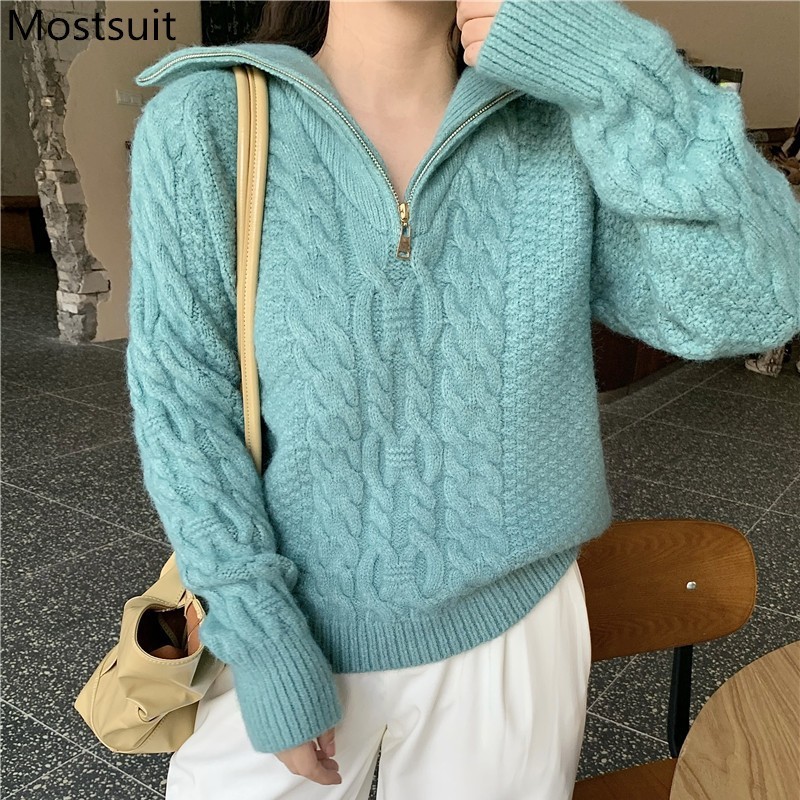 Zip-up Knitted Women Sweater Pullover Autumn Winter Full Sleeve Mock Neck Jumpers Korean Fashion Ladies Tops Femme 210514
