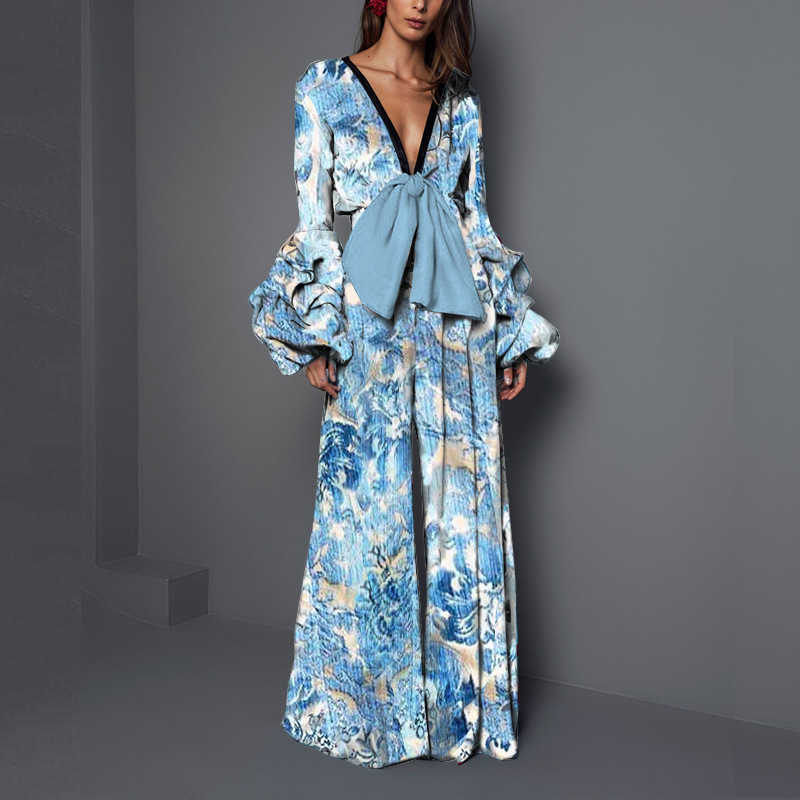Women Jumpsuit Bow Flared Sleeves V-neck Rompers Womens Vintage Casual Plus Size Print s Fashion 210524